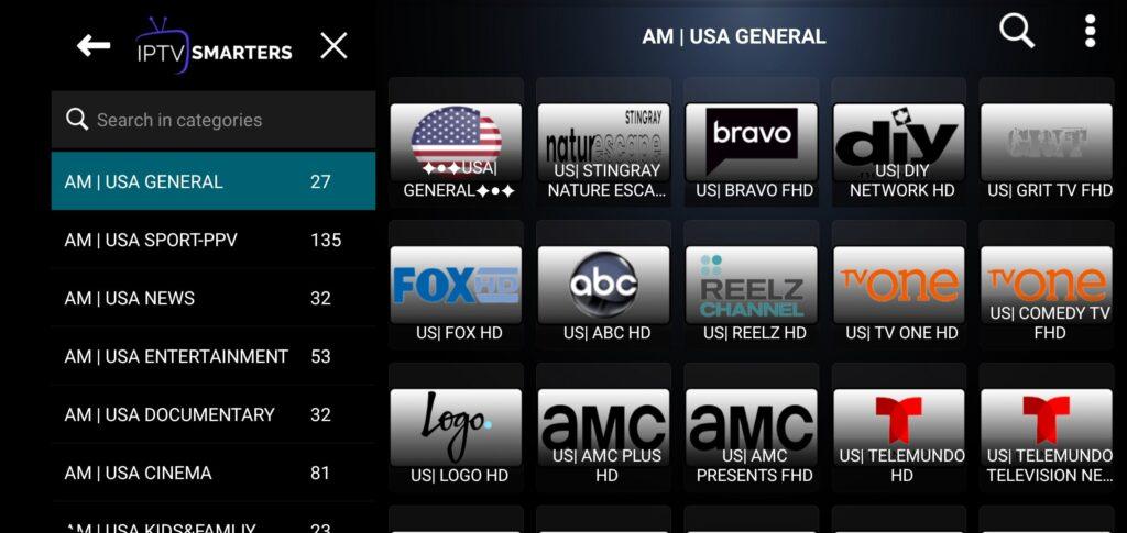 Screenshot of the IPTV Smarters app displaying channels within the "AM | USA General" category.