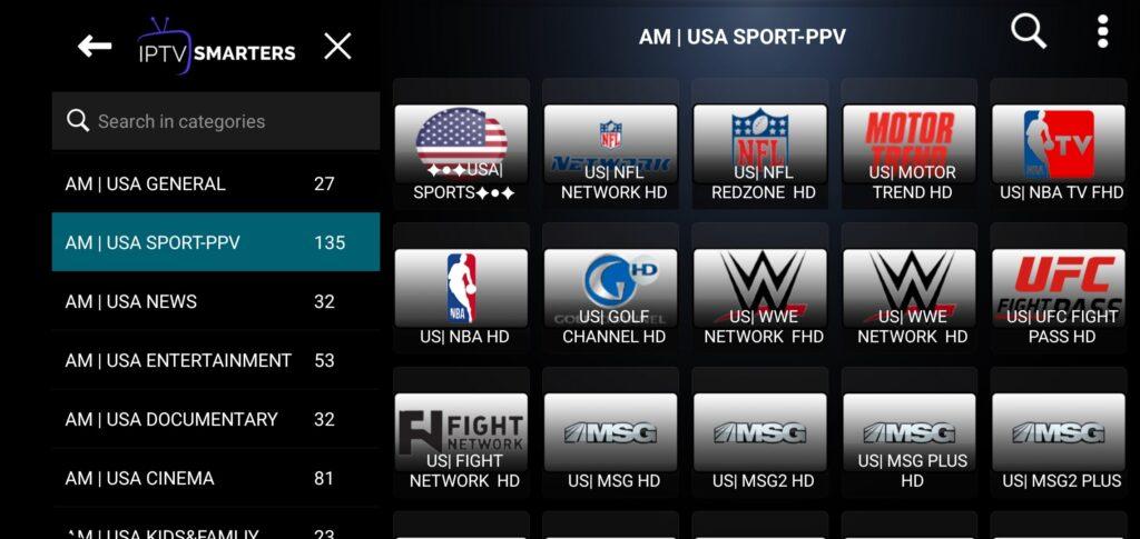 Screenshot of IPTV Smarters Pro showing the "AM | USA SPORT-PPV" category with various sports channels.