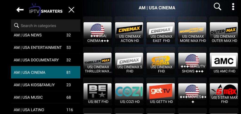 IPTV Smarters Pro interface displaying the "AM | USA SPORT-PPV" category, offering a selection of popular US sports channels.