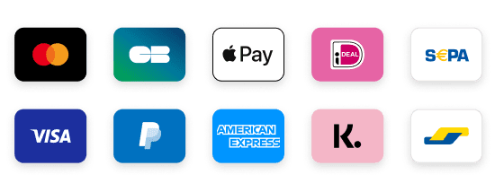 Pay securely with Visa, Mastercard, American Express, Discover, PayPal, Apple Pay, Sepa, SOFORT, and more.